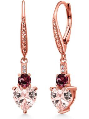Elegant Rose Gold Plated Drop Earrings with Peach Morganite & Garnet, Heart